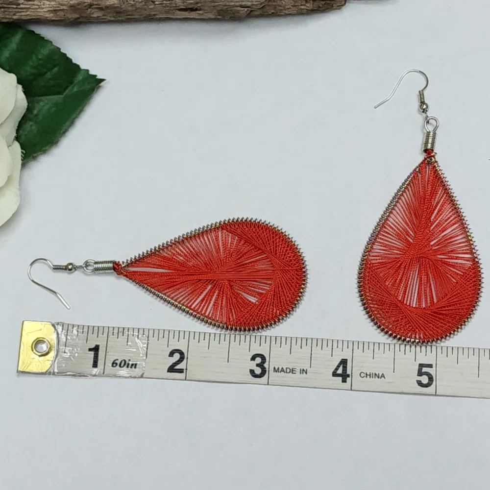 Elegant Red Teardrop Dreamcatcher Thread Earrings